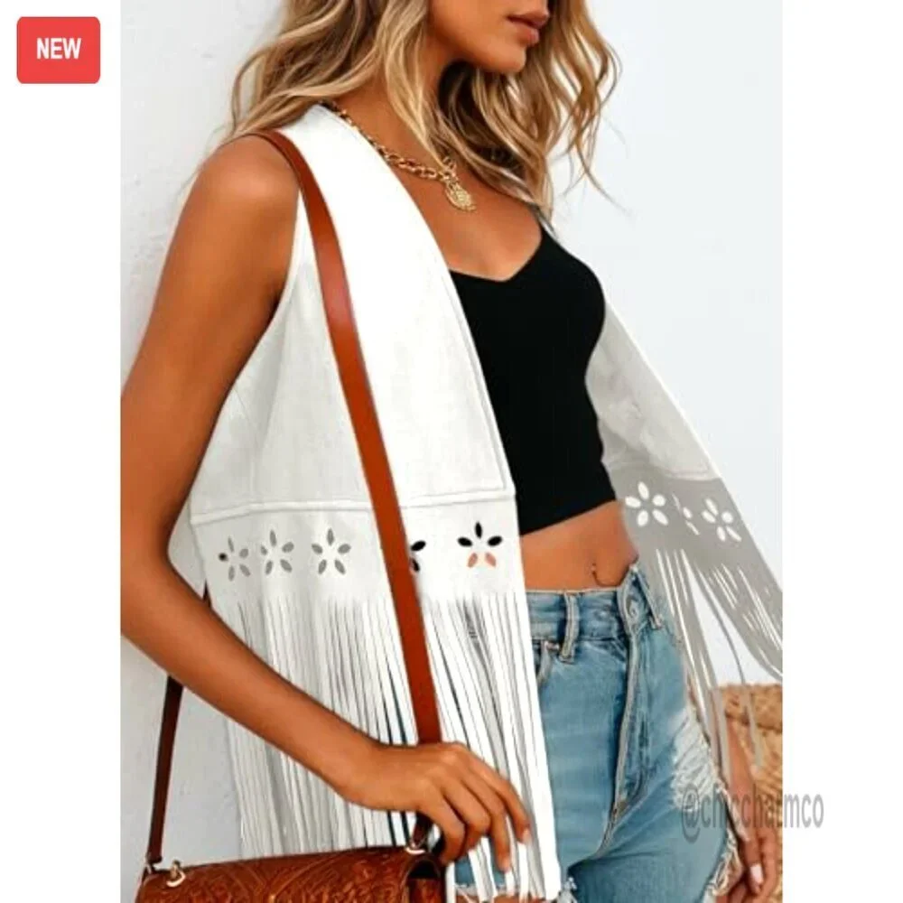 Faux Suede Fringe Vest Sleeveless Hollow Out Tassel Western Outerwear
